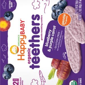 Happy Baby Gentle Teethers Organic Teething Wafers Blueberry Purple Carrot, 0.14 Ounce Packets (Box of 12) Soothing Rice Cookies for Teething Babies Dissolves Easily, Gluten Free No Artificial Flavor