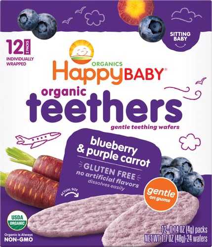 Happy Baby Gentle Teethers Organic Teething Wafers Blueberry Purple Carrot, 0.14 Ounce Packets (Box of 12) Soothing Rice Cookies for Teething Babies Dissolves Easily, Gluten Free No Artificial Flavor