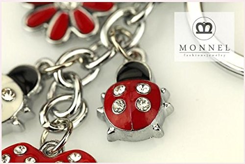 Z395E MONNEL Crystal Red Style Ladybug Heart Lily Charms Key Ring Keychain