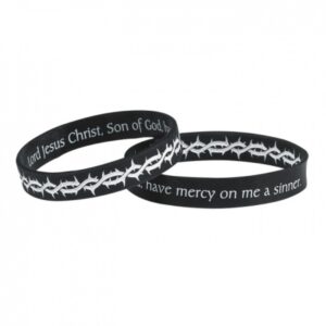 cb black silicone crown of thorns bracelet with prayer card, 8 inch