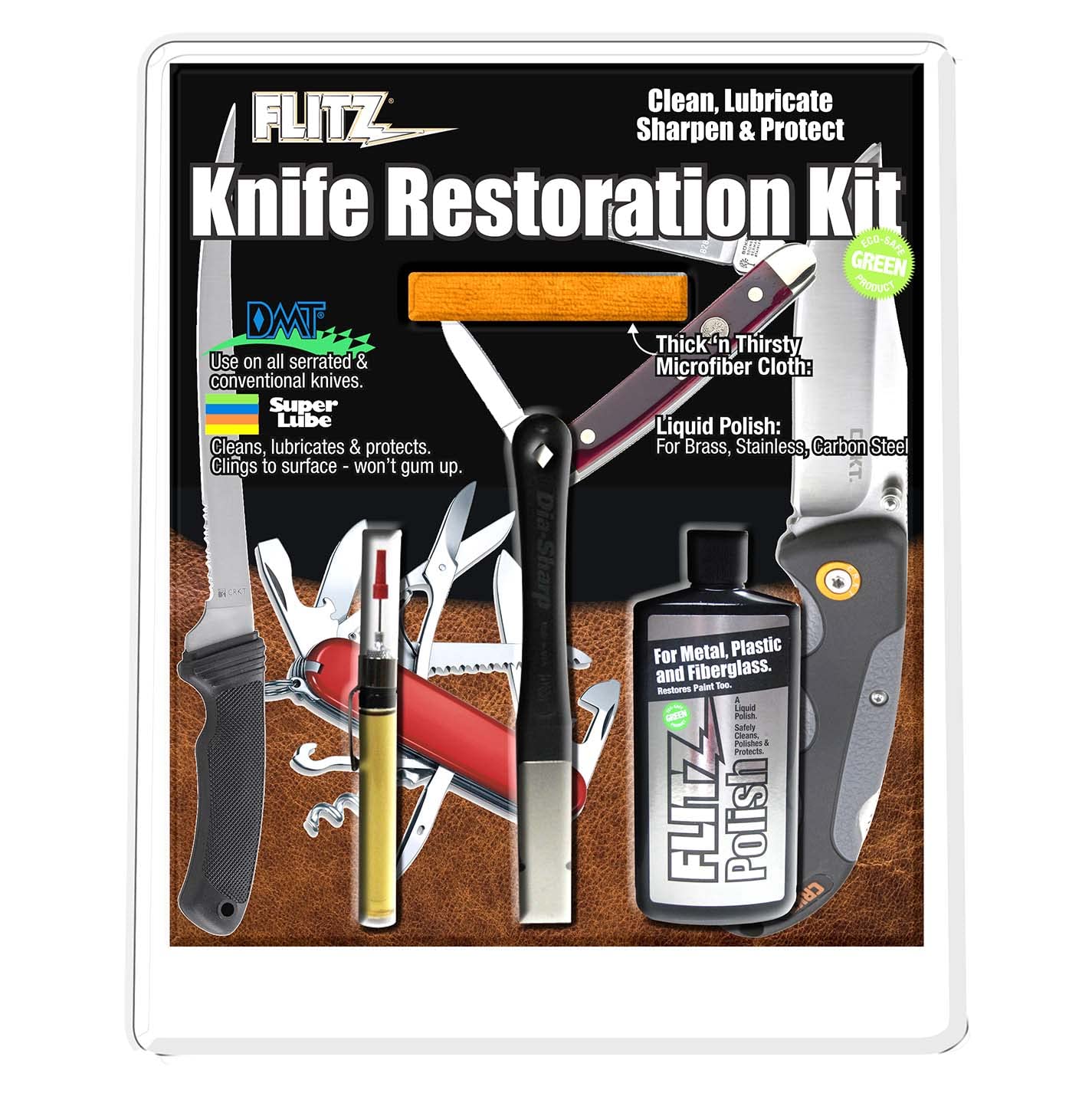 Flitz All-in-One Knife Restoration Care Kit – Clean, Polish, Protect and Sharpen Your Knives, Microfiber Cloth and Knife Sharpener Included