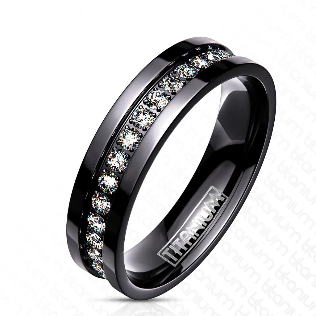 Marimor Jewelry Solid Titanium Black Plated Round Cubic Zirconia Unisex Band Eternity Wedding Ring Size 12