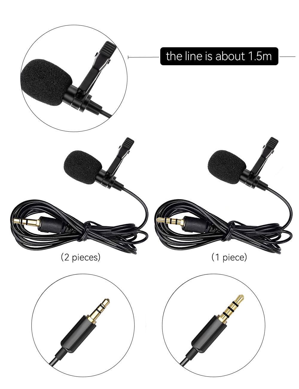 HUACAM Lavalier Lapel Microphone, Portable Collar Clip Mic Compatible with iPhone Android Smartphone Amplifier Podcast PC/Laptop, Hands Free Mic Recording Mic for YouTube,Interview,Video (3 Packs)