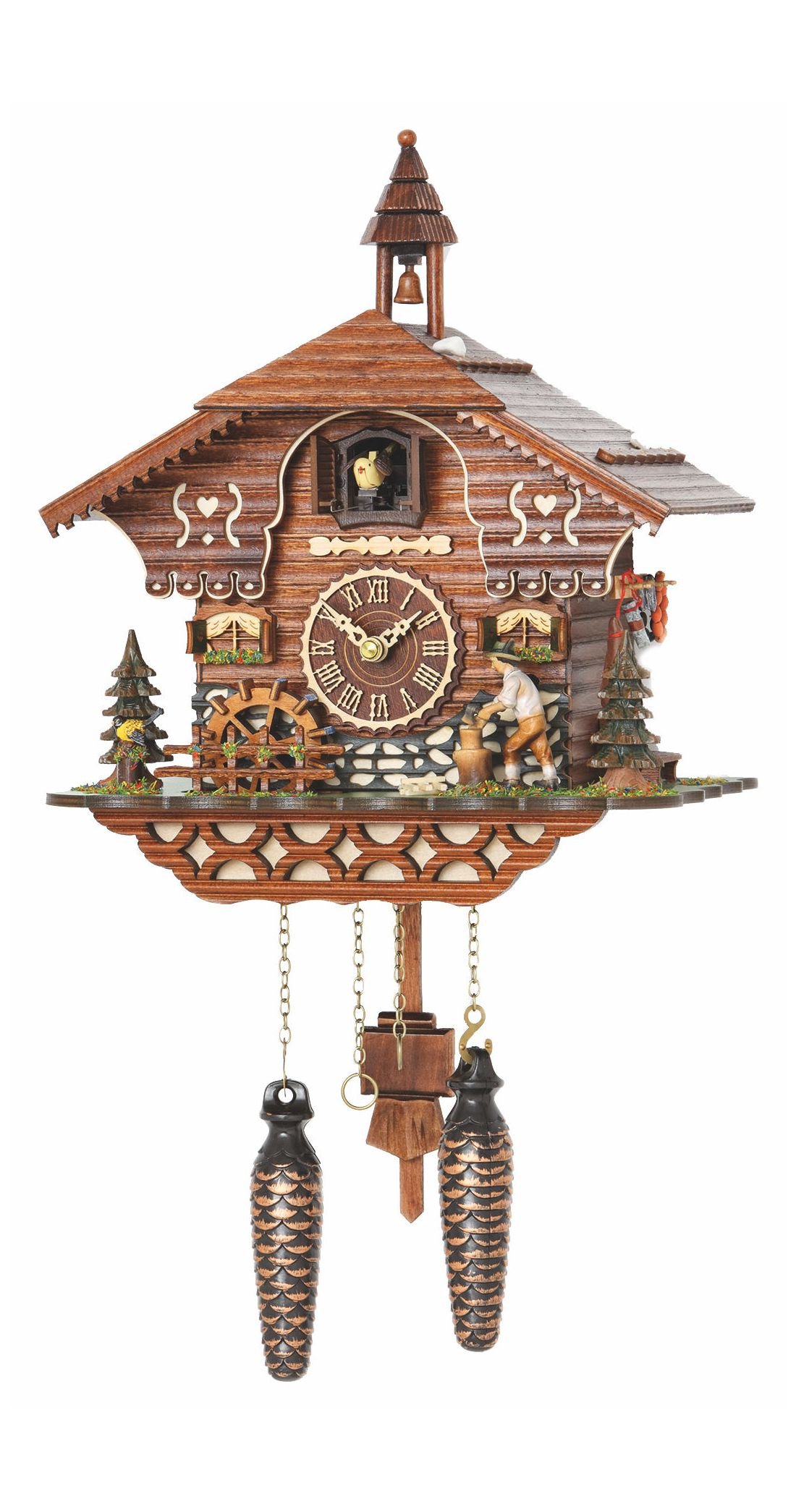 Trenkle Quartz Cuckoo Clock Black Forest House with Moving Wood Chopper and Mill Wheel, with Music TU 4217 QM