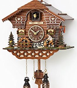 Trenkle Quartz Cuckoo Clock Black Forest House with Moving Wood Chopper and Mill Wheel, with Music TU 4217 QM