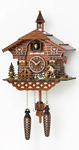 Trenkle Quartz Cuckoo Clock Black Forest House with Moving Wood Chopper and Mill Wheel, with Music TU 4217 QM