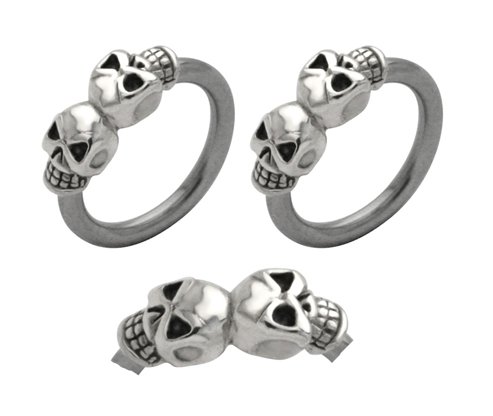 Pair of double 2 skull skeleton Hypoallergenic 316L Stainless Steel Surgical Steel Captive bead Ring lip, belly, nipple, cartilage, tragus, earring body Jewelry piercing hoop - 16 gauge, 3/8" (10mm) 16g