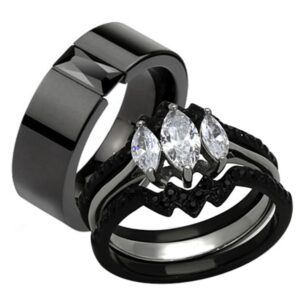 marimor jewelry his hers 4 piece black ion plated stainless steel wedding engagement ring band set women's size 08 men's 08mm size 10