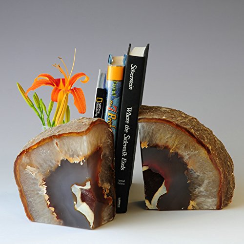 JIC Gem 1 Pair(6 to 8 Lbs) Natural agate Bookends Decorative geode book ends for Heavy Books with Rubber Bumpers Crystal Bookends for Shelves and Office decoration