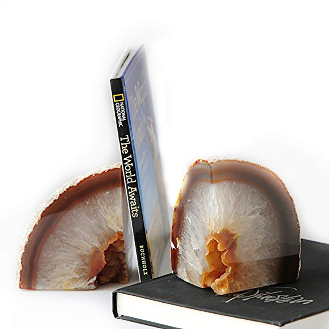 JIC Gem 1 Pair(6 to 8 Lbs) Natural agate Bookends Decorative geode book ends for Heavy Books with Rubber Bumpers Crystal Bookends for Shelves and Office decoration