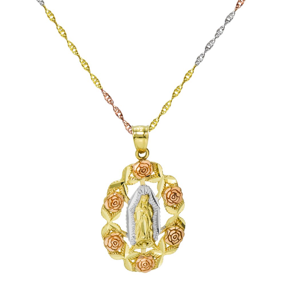 Pyramid Jewelry 14K Tri Color Gold Virgin Mary Guadalupe Rose Frame Pendant Necklace (16 Inches, Tri-Color Singapore Chain)