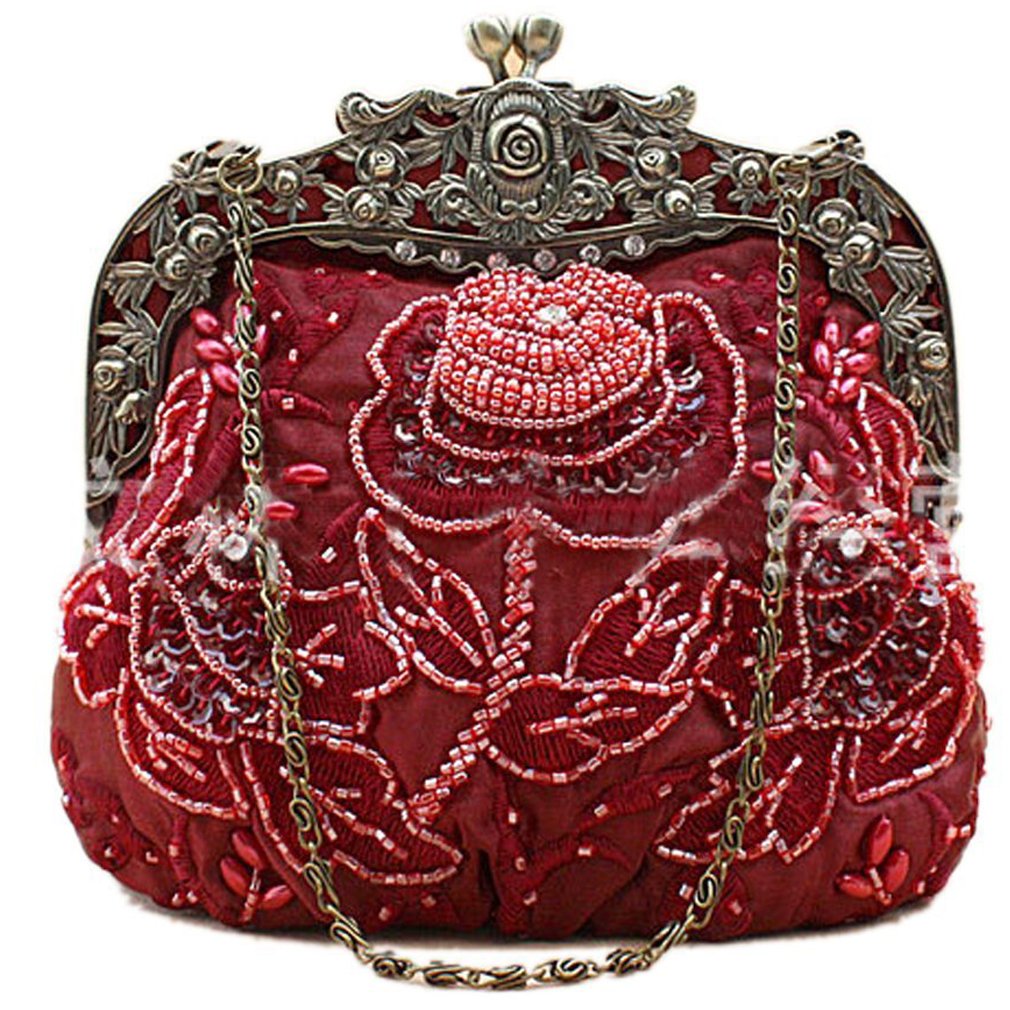 Belsen Women's Vintage Beaded Sequin Flower Evening Handbags (Red wine)