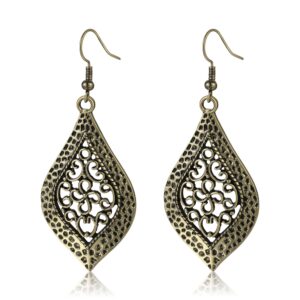 mjartoria antique teardrop hook dangle earrings with filigree flower pendant lightweight drop earrings for womens hammered earrings indian vintage bohemian jewelry