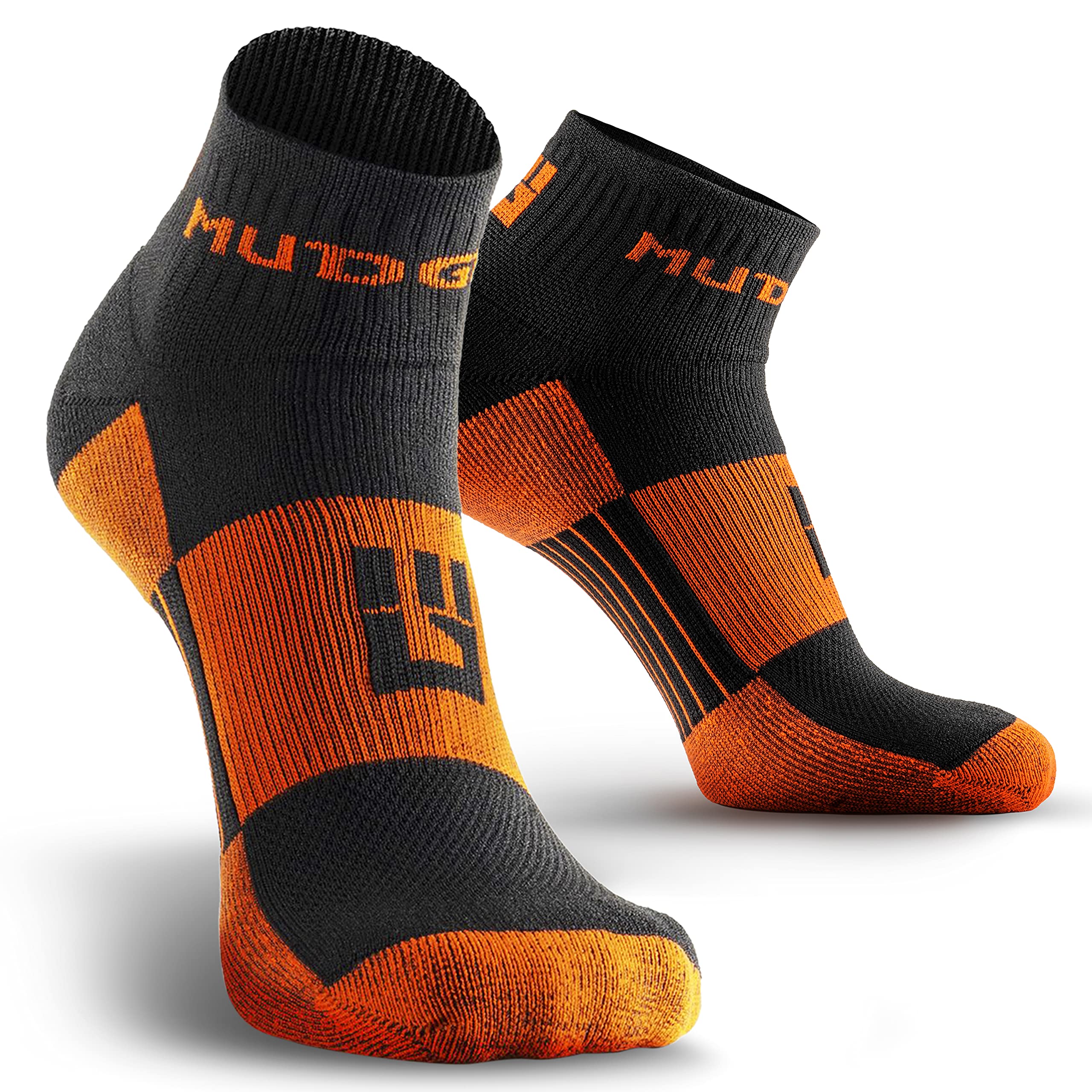 MudGear Quarter Length Socks - Trail Running Socks for Women and Men for Sport, Gym, Running, Yoga,Tennis, Cycling,Golf - 2 Pack Athletic Low Cut Anti-Slip Workout Socks (Black/Orange,Medium)