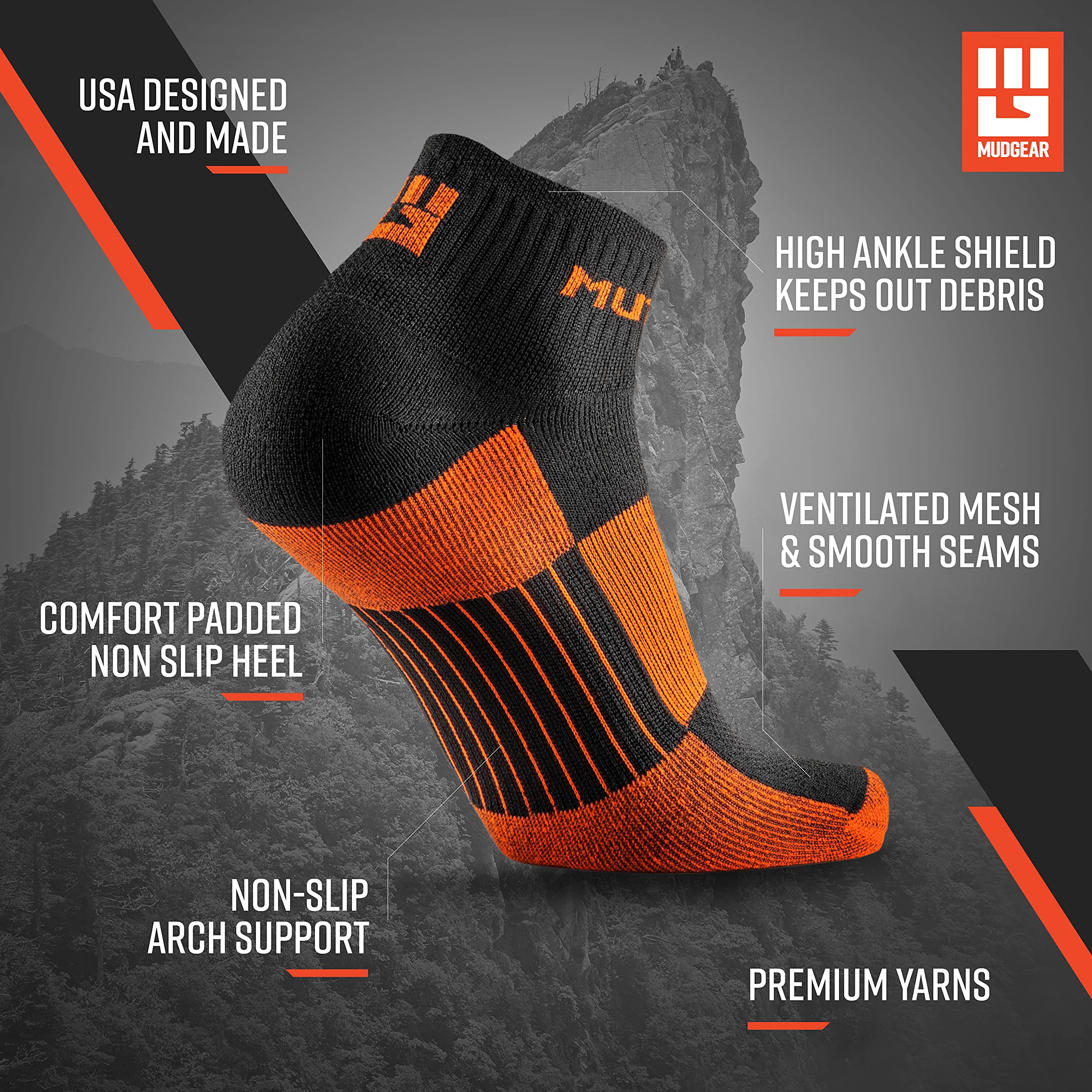 MudGear Quarter Length Socks - Trail Running Socks for Women and Men for Sport, Gym, Running, Yoga,Tennis, Cycling,Golf - 2 Pack Athletic Low Cut Anti-Slip Workout Socks (Black/Orange,Medium)