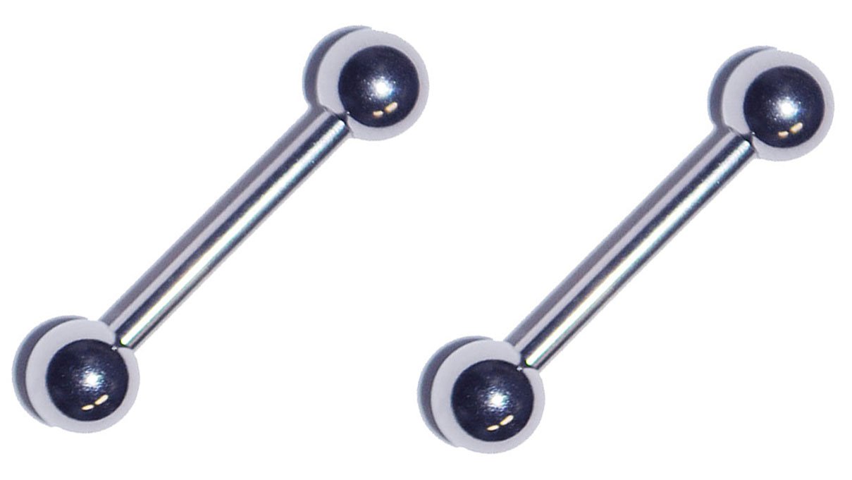 Painful Pleasures 2x 14 Gauge 14g 316L Stainless Steel Straight Barbell Tongue Nipple Body Piercing Ring with Large Ball Pair Set of 2 (7/16" Long-5mm Ball)