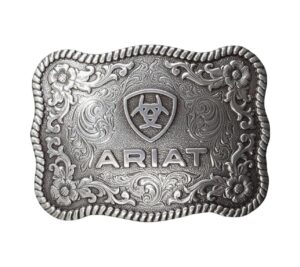 ariat scalloped logo buckle with twisted rope edge, floral scrolls, filigree detailing, 3 ¾" x 2 ¾"