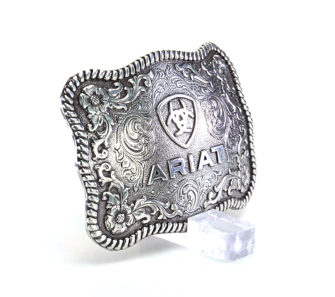 ARIAT Scalloped Logo Buckle with Twisted Rope Edge, Floral Scrolls, Filigree Detailing, 3 ¾" x 2 ¾"