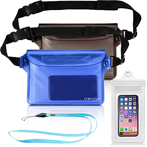 Crenova Waterproof Pouch 2 Pack Beach Accessories Waterproof Bag Fanny Pack 2 Waist Strap Adjustable Extra-Long Belt for Outdoor Water Sports