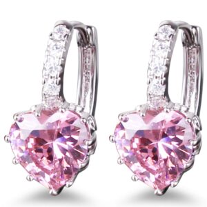 GULICX Heart shape Created Pink sapphire Cubic Zirconia Silver Tone hoops shiny earrings