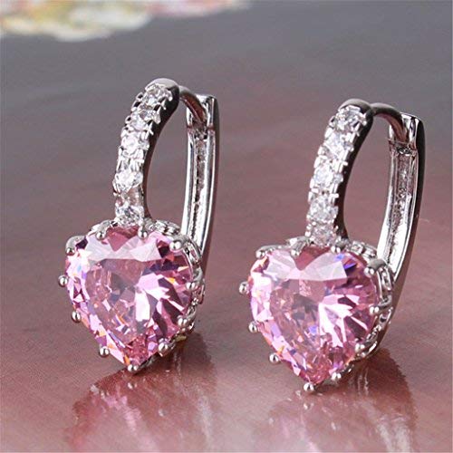 GULICX Heart shape Created Pink sapphire Cubic Zirconia Silver Tone hoops shiny earrings