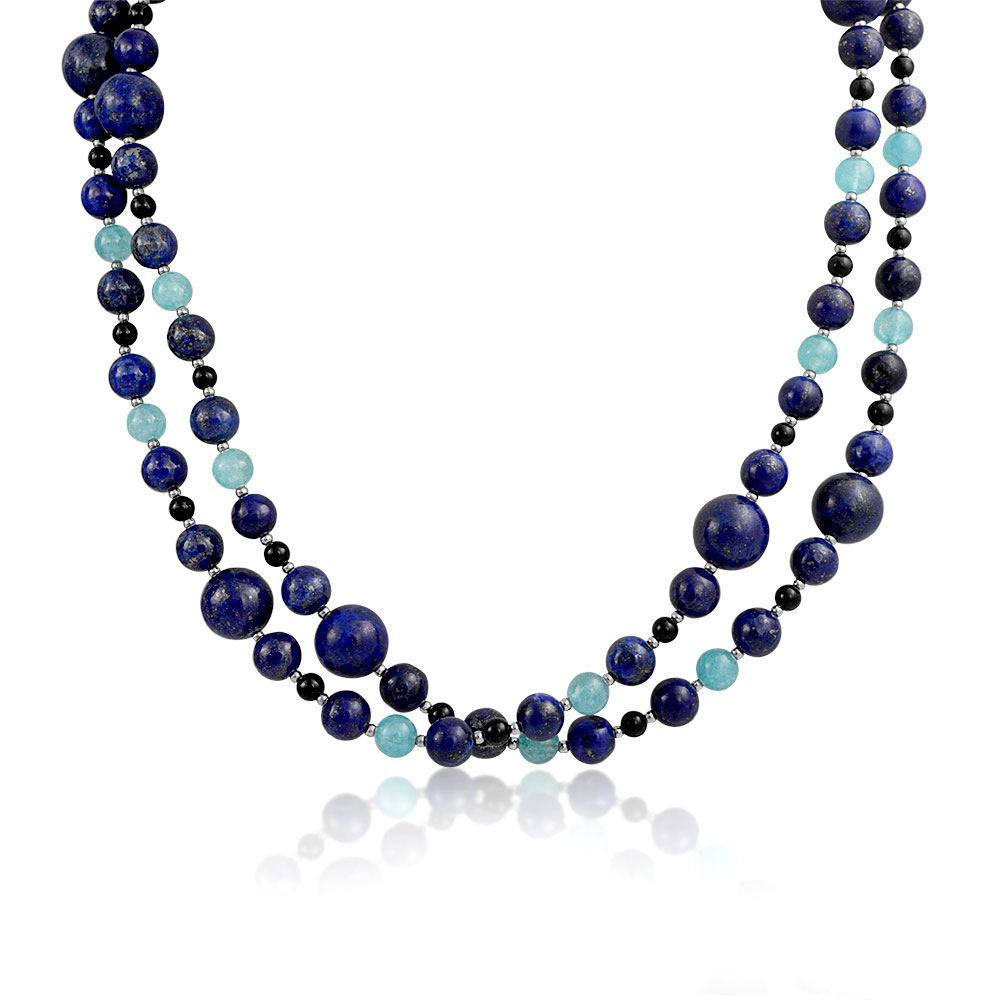 Bling Jewelry Long Wrap Around Layer Blue Shades Aqua Quartz Blue Lapis Black Onyx Gemstone Ball Bead Strand Necklace For Women 40 Inch