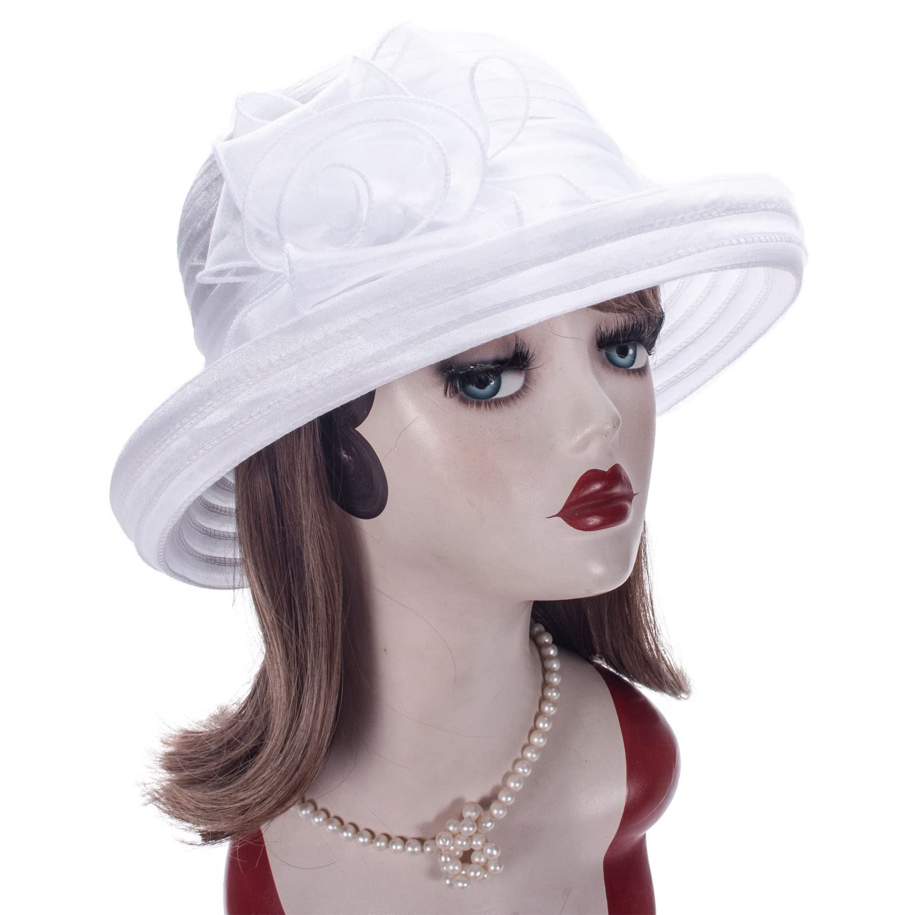 Pure Color 1920s Womens Summer Organza Bowler Sun Hat Derby Tea Party A267 (White)