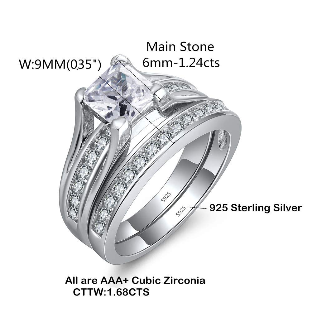 MABELLA His and Hers 3Pc Titanium Matching Band Pretty Women Princess Cut 925 Sterling Silver Wedding Ring Set Women's Size 10 Men's Size 9