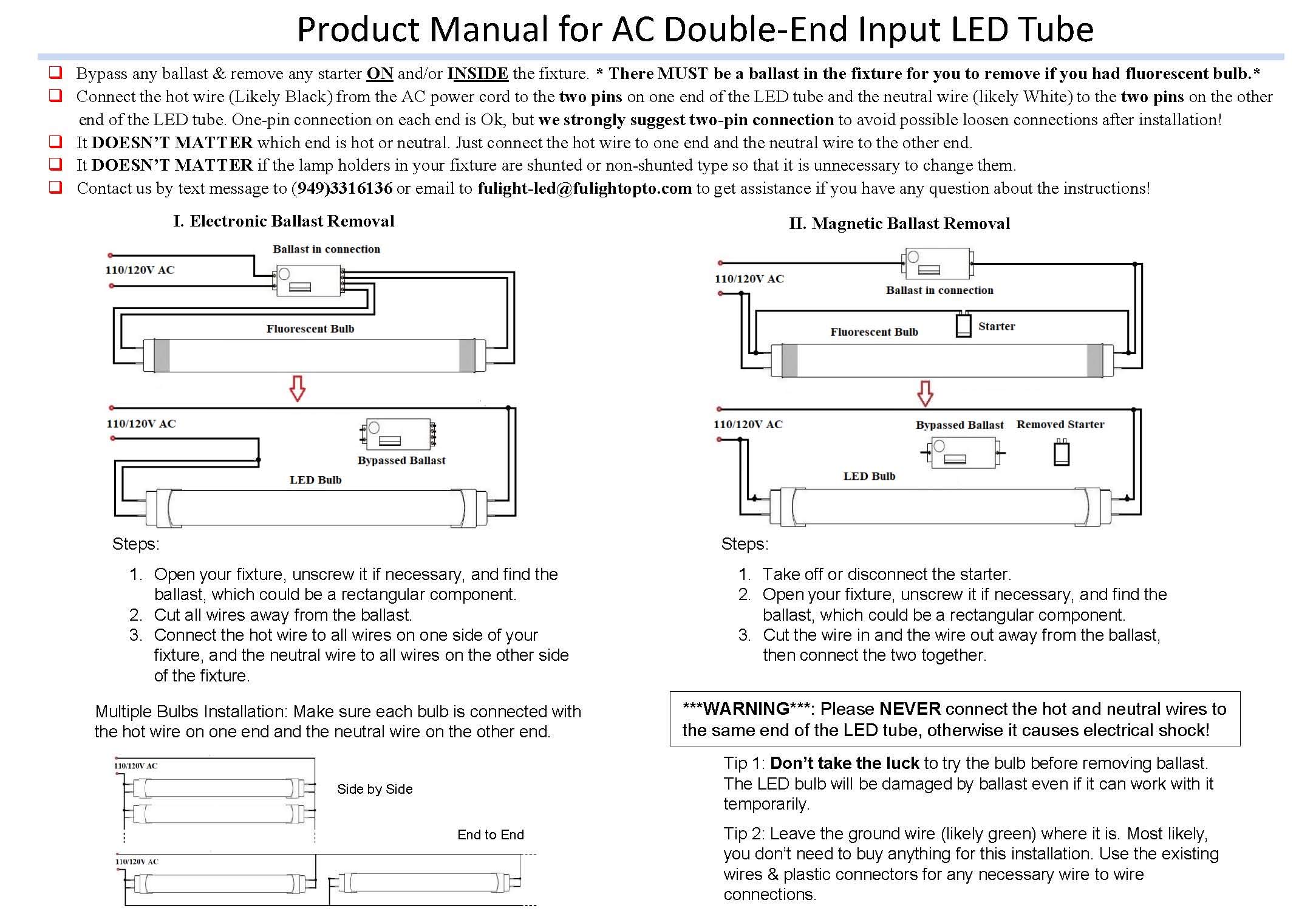 Fulight Type B & Clear T8 LED Tube Light - 2FT 24-Inch 10W (18W Equivalent), Daylight 6000K, F17T8, F18T8, F20T10, F20T12/CW, Double-End Powered, Clear Cover, 85-265VAC (Not a Plug-and-Play)