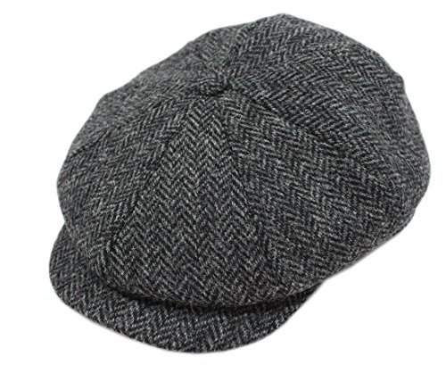 Biddy Murphy Newsboy Hat for Men Irish Flat Cap 100% Wool Tweed, Herringbone, Imported, Large Gray