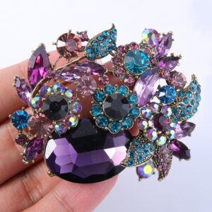 EVER FAITH Rhinestone Crystal Party Flower Leaf Vine Brooch Amethyst Color Antique-Gold-Tone