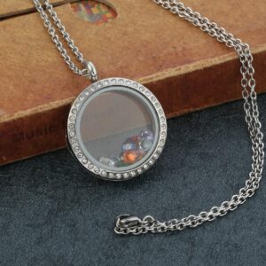 Jovivi 30mm Living Floating Memory Glass Locket Necklace - Stainless Steel Round Crystals Buckle Closure