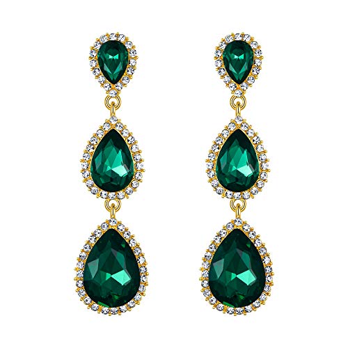 EleQueen Women's Gold-tone Austrian Crystal Teardrop Pear Shape 2.5 Inch Long Dangle Earrings Emerald Color