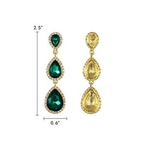 EleQueen Women's Gold-tone Austrian Crystal Teardrop Pear Shape 2.5 Inch Long Dangle Earrings Emerald Color