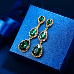 EleQueen Women's Gold-tone Austrian Crystal Teardrop Pear Shape 2.5 Inch Long Dangle Earrings Emerald Color