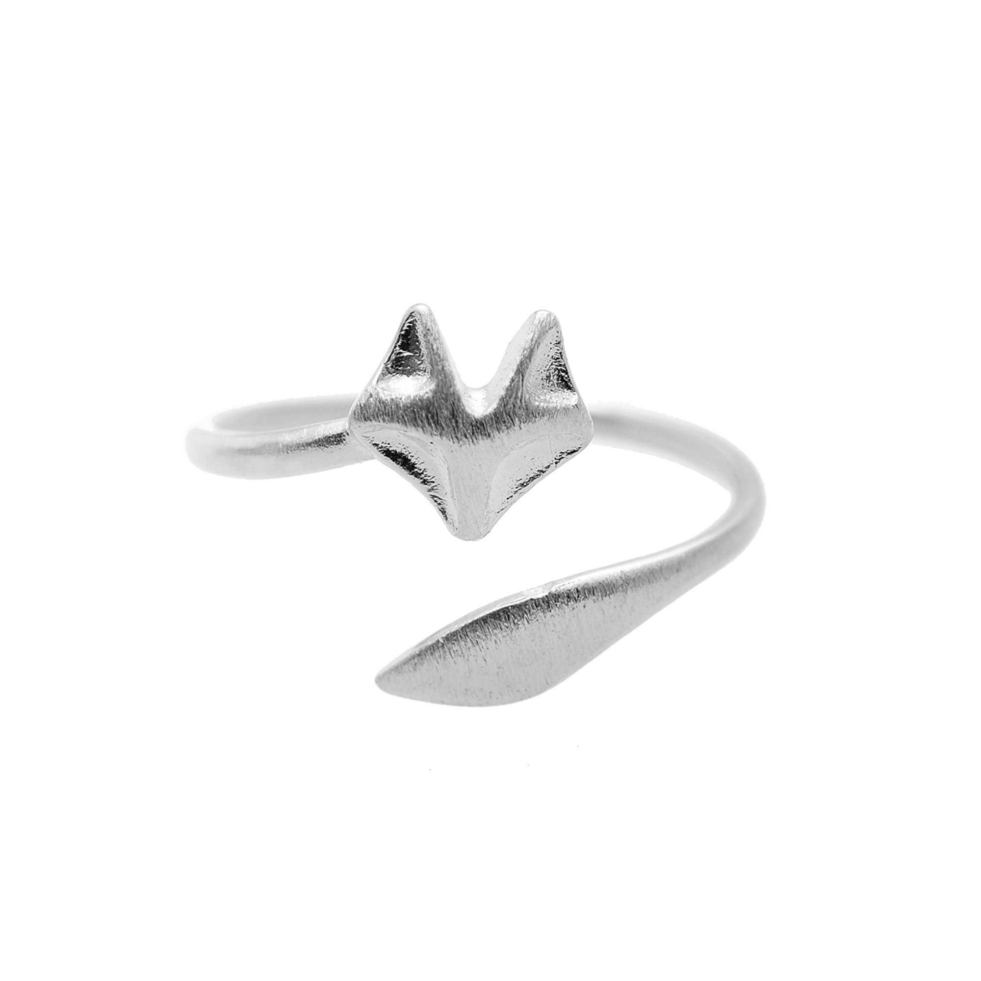 Spinningdaisy Handcrafted Brushed Metal Sleek Fox Head Ring Silver