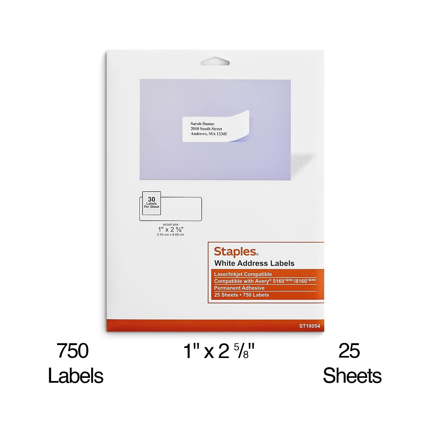 White Mailing Labels for Laser & Inkjet Printers, 1" x 2-5/8", 750/Box