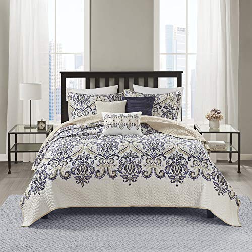 Madison Park Quilt Traditional Damask Design All Season, Lightweight Coverlet Bedspread Bedding Set, Matching Shams, Pillows, King/Cal King(104"x94"), Navy/White 6 Piece