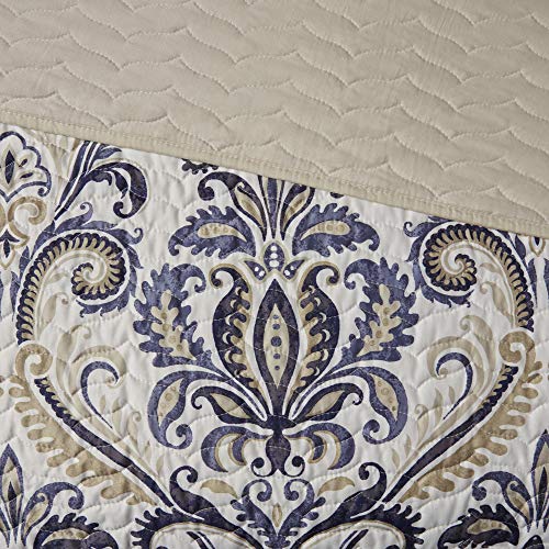 Madison Park Quilt Traditional Damask Design All Season, Lightweight Coverlet Bedspread Bedding Set, Matching Shams, Pillows, King/Cal King(104"x94"), Navy/White 6 Piece