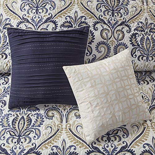 Madison Park Quilt Traditional Damask Design All Season, Lightweight Coverlet Bedspread Bedding Set, Matching Shams, Pillows, King/Cal King(104"x94"), Navy/White 6 Piece