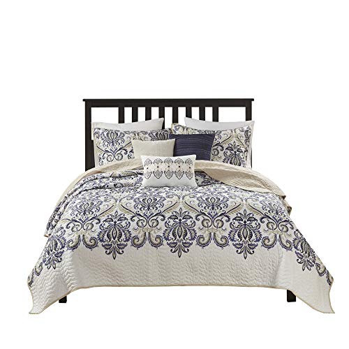 Madison Park Quilt Traditional Damask Design All Season, Lightweight Coverlet Bedspread Bedding Set, Matching Shams, Pillows, King/Cal King(104"x94"), Navy/White 6 Piece