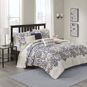 Madison Park Quilt Traditional Damask Design All Season, Lightweight Coverlet Bedspread Bedding Set, Matching Shams, Pillows, King/Cal King(104"x94"), Navy/White 6 Piece