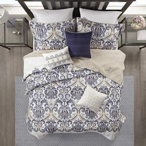 Madison Park Quilt Traditional Damask Design All Season, Lightweight Coverlet Bedspread Bedding Set, Matching Shams, Pillows, King/Cal King(104"x94"), Navy/White 6 Piece