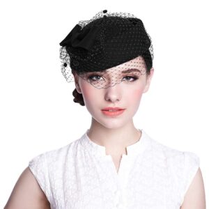 Aniwon Pillbox Hat, Wedding Hat Caps with Veil Vintage Bow Fascinator Hats Caps for Women A Black