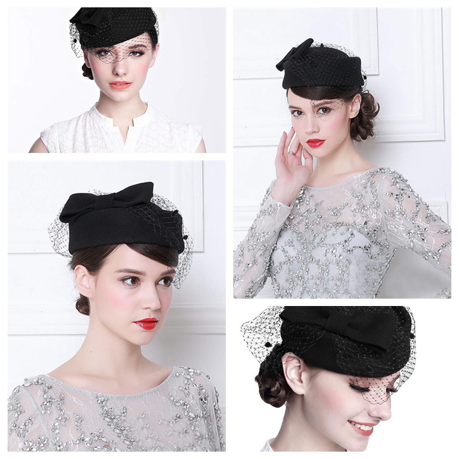 Aniwon Pillbox Hat, Wedding Hat Caps with Veil Vintage Bow Fascinator Hats Caps for Women A Black