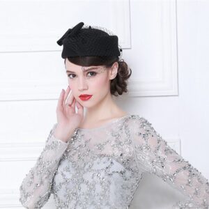 Aniwon Pillbox Hat, Wedding Hat Caps with Veil Vintage Bow Fascinator Hats Caps for Women A Black