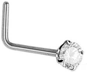 jewelstop 14k white gold l bend prong set cz nose stud ring - 0.5mm 24 gauge 8mm long