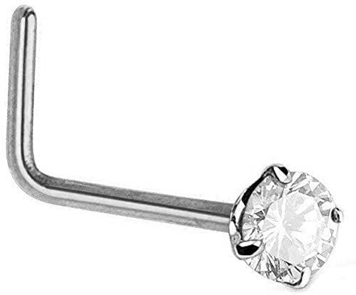 JewelStop 14K White Gold L Bend Prong Set CZ Nose Stud Ring - 0.5mm 24 Gauge 8mm Long