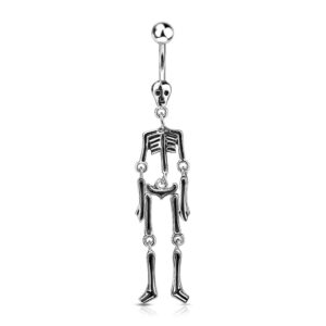 Pierced Owl 14GA Stainless Steel Skeleton Dangling Belly Ring (Black)