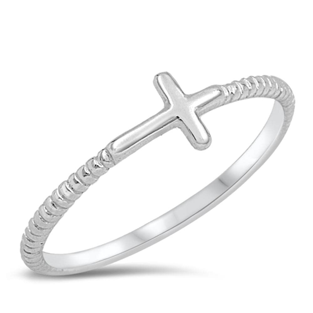 Christian Sideways Cross Ring New .925 Sterling Silver Rope Band Size 4